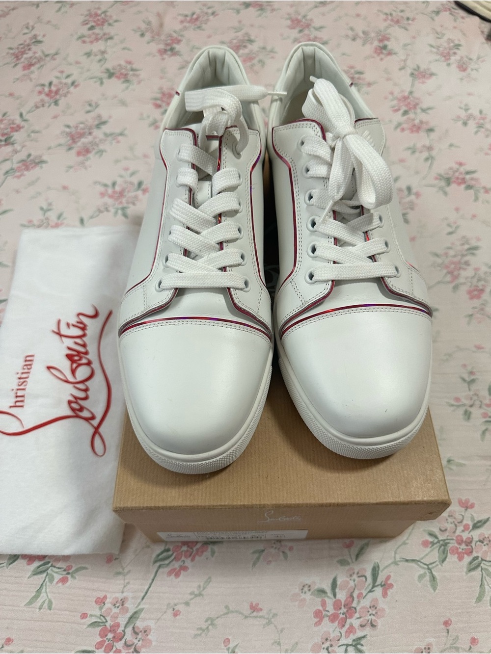 Authentic Christian Louboutin White Leather Low-Top Sneakers with Pink Trim